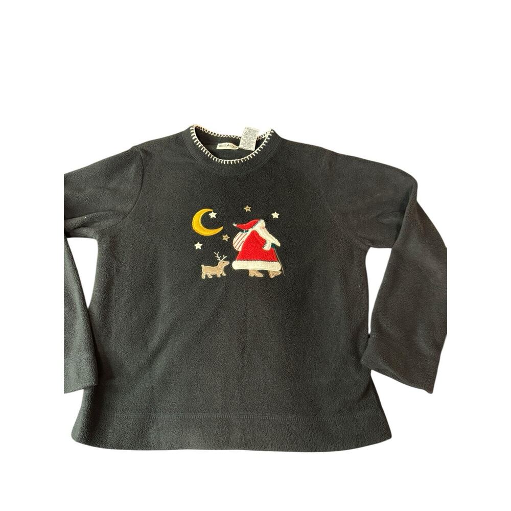 Small White Stag Fleece Sweater Top Christmas Santa & Dog Embroidered Holiday
